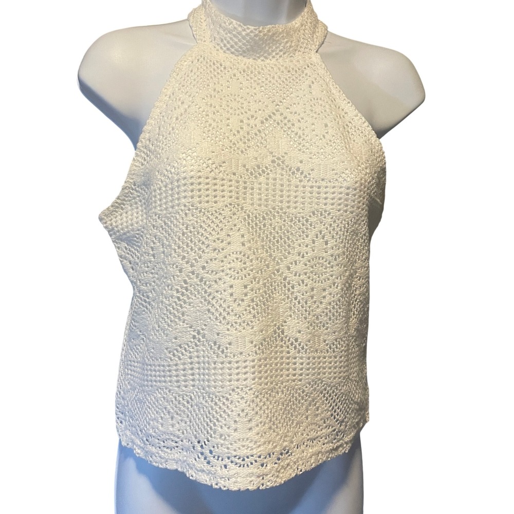Womens Boho Festival Crochet Halter Top White Keyhole Size S Coastal Cottage